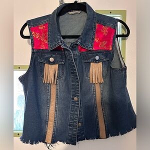 Upcycled Denim Vest with Genuine Leather Accents